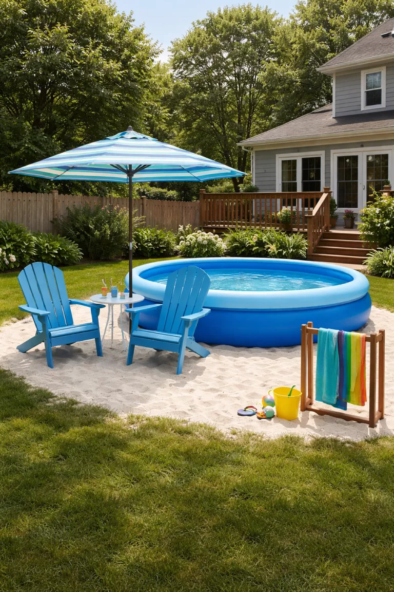 A realistic photo of a typical American home's backyard featuring a blue inflatable pool surrounded by a thin border of white play sand, two blue Adirondack chairs, a striped beach umbrella, and a wooden towel rack.