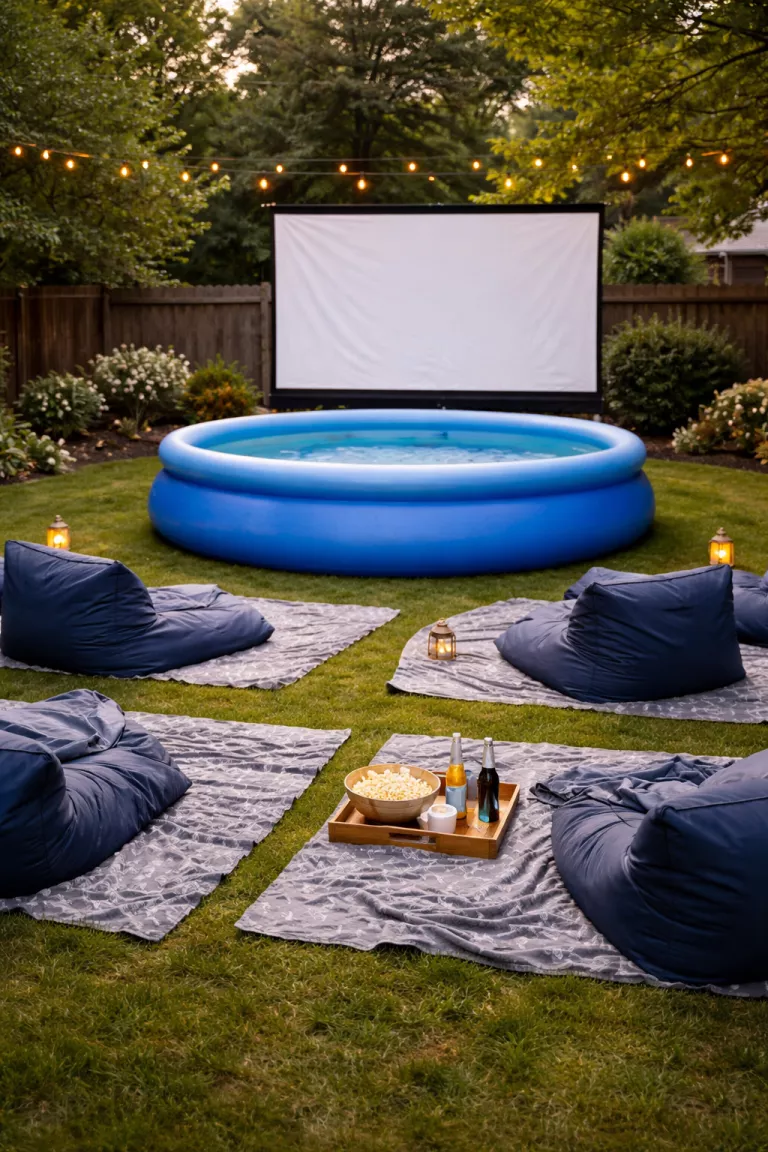 A realistic photo of a typical American home's backyard showcasing a large blue inflatable pool facing a white projector screen, with navy blue bean bags and gray waterproof blankets arranged on the grass.