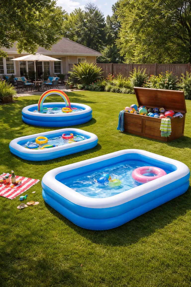 A realistic photo of a typical American home's backyard with three separate blue inflatable pools for swimming, relaxing, and games, with a large wooden storage chest for water gear.