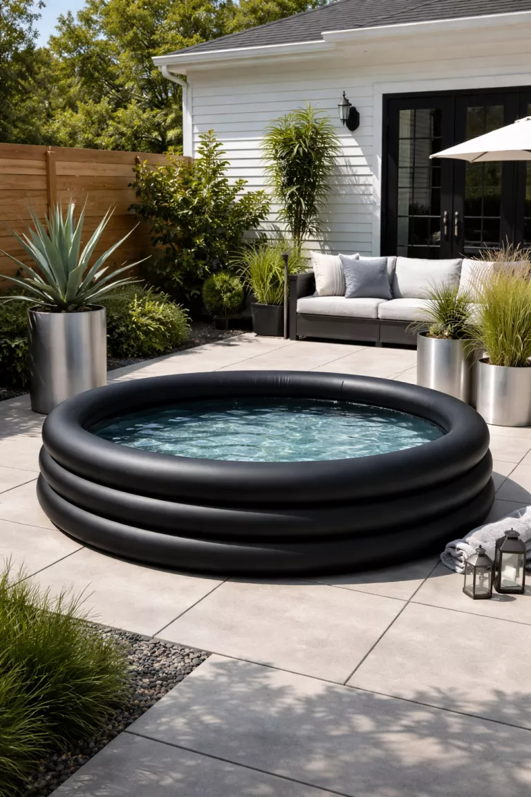 A realistic photo of a typical American home's backyard featuring a monochromatic black inflatable pool on gray concrete pavers with sleek silver metal planters and a single tall green agave plant.