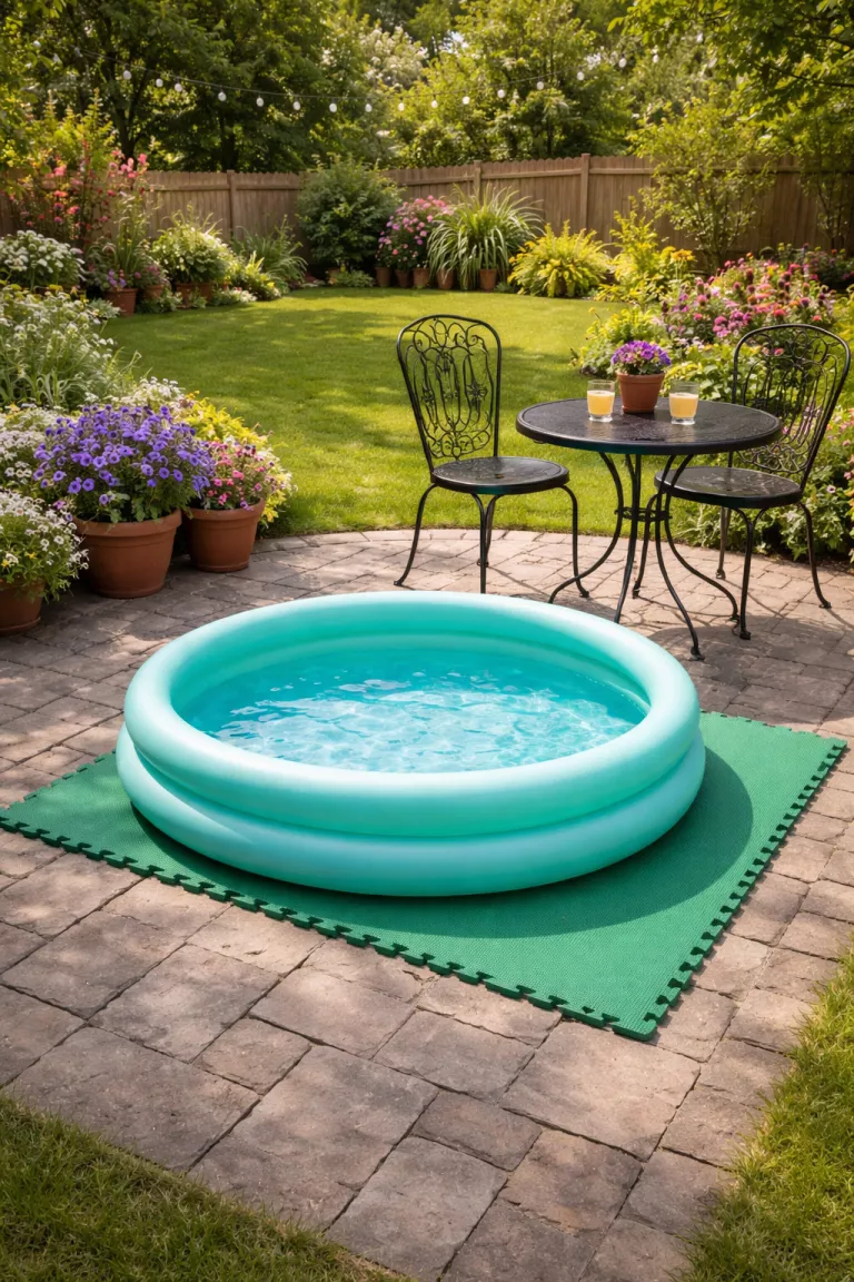 A realistic photo of a typical American home's backyard showing a small teal inflatable pool on a stone patio, resting on green interlocking foam mats with a black metal bistro set and purple flowers in terracotta pots nearby.