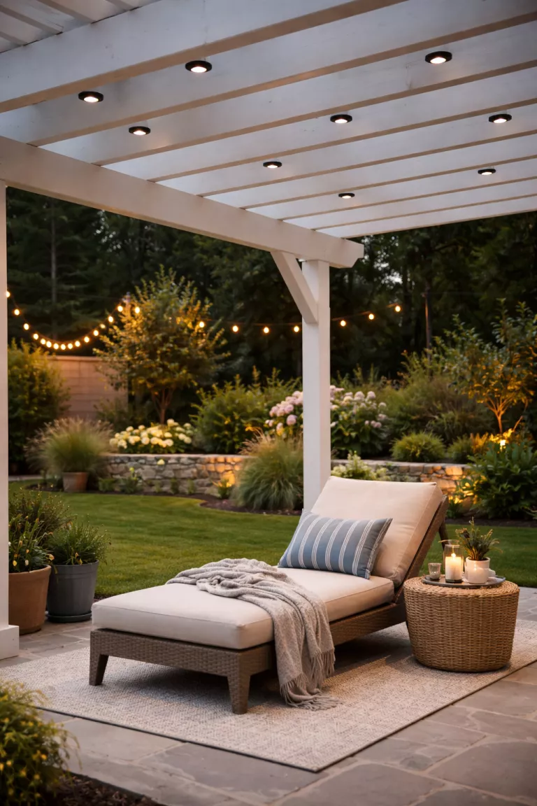 A realistic photo of a typical American home's backyard with small black recessed lights installed in the rafters of a white wooden pergola overlooking a lounge chair.