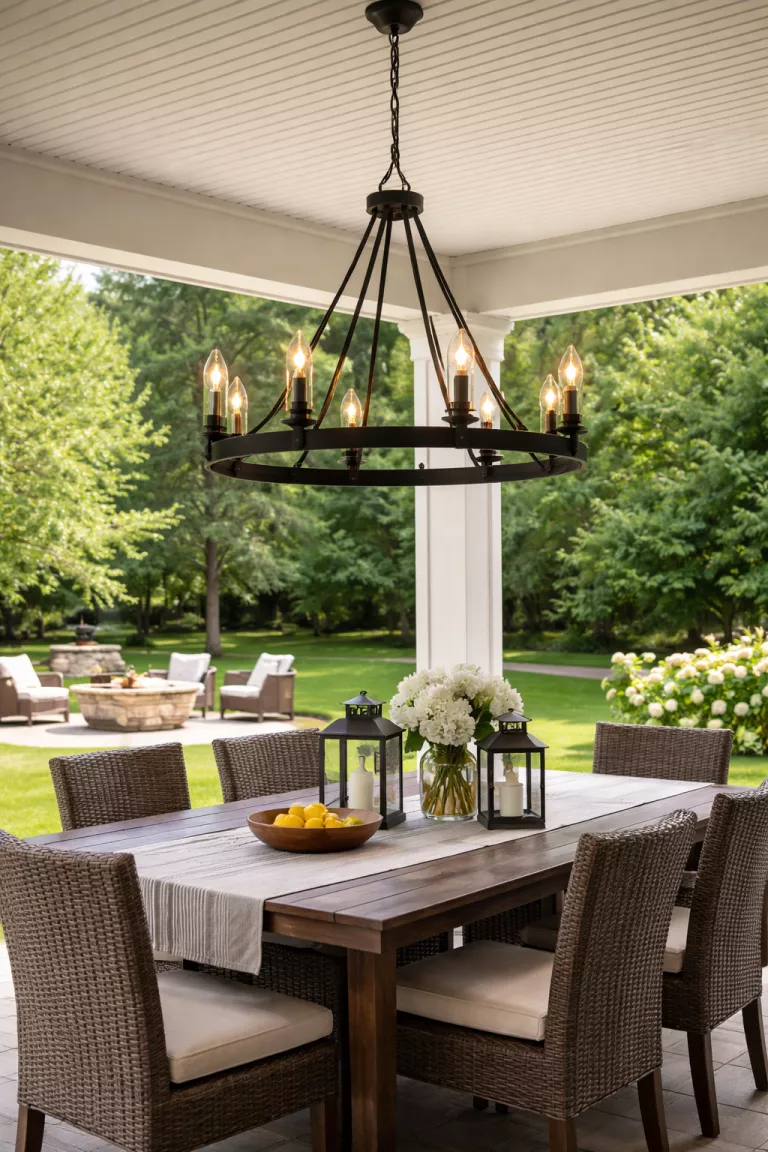 A realistic photo of a typical American home's backyard featuring a large black farmhouse style chandelier hanging over an outdoor dining table on a covered patio.