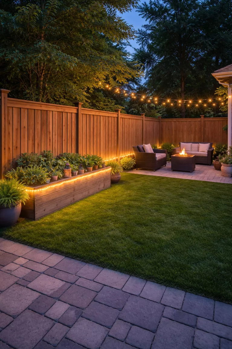 A realistic photo of a typical American home's backyard with clear flexible rope lights lining the underside of a privacy fence and a garden planter.