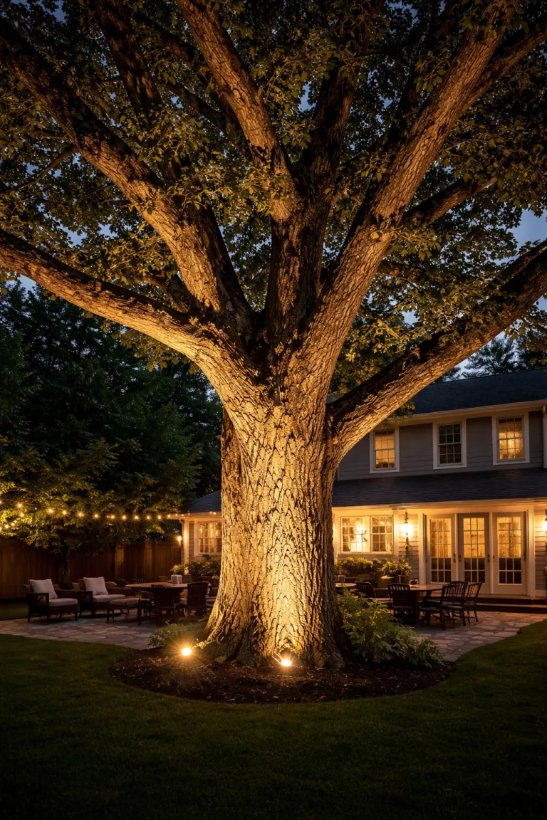 A realistic photo of a typical American home's backyard with powerful warm white led uplights at the base of a large oak tree highlighting its bark texture.