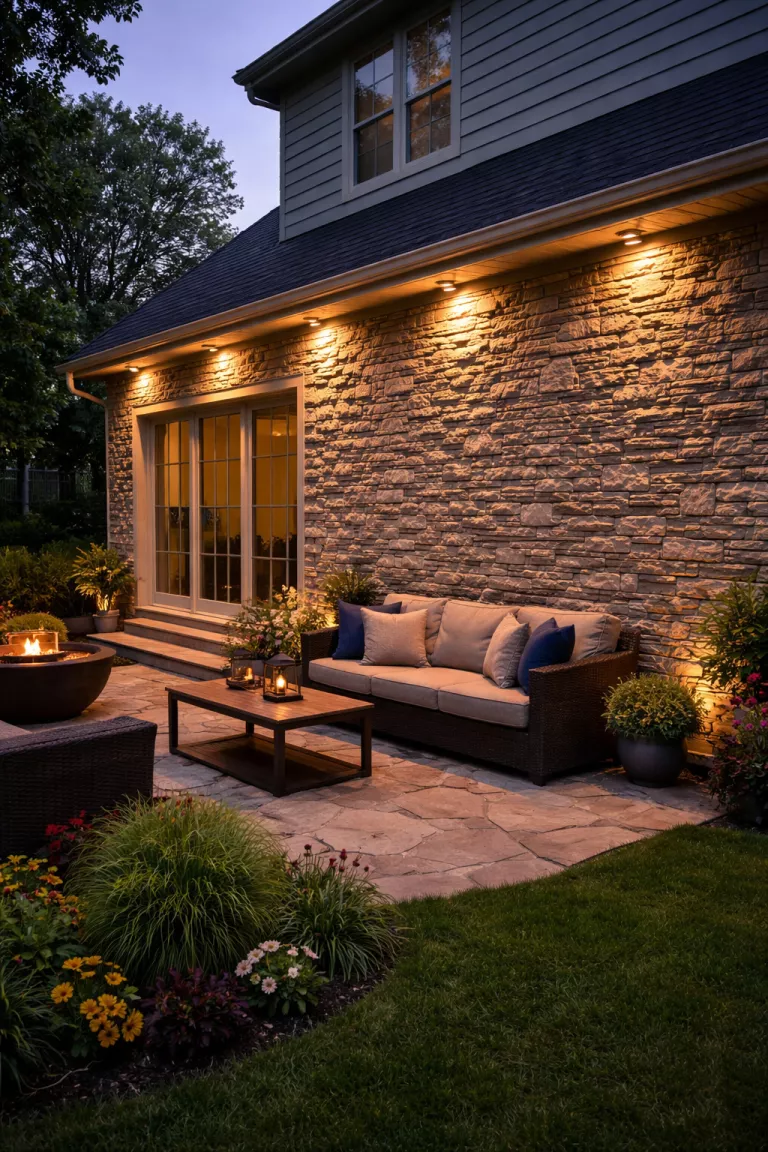 A realistic photo of a typical American home's backyard showing warm white linear lights grazing a stone stacked exterior wall of a house.