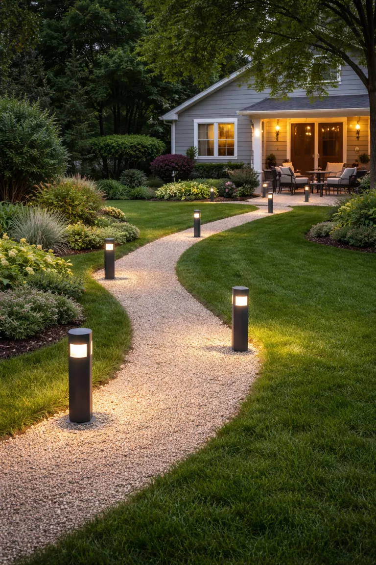 A realistic photo of a typical American home's backyard featuring charcoal grey aluminum bollard lights lining a winding gravel path through the lawn.