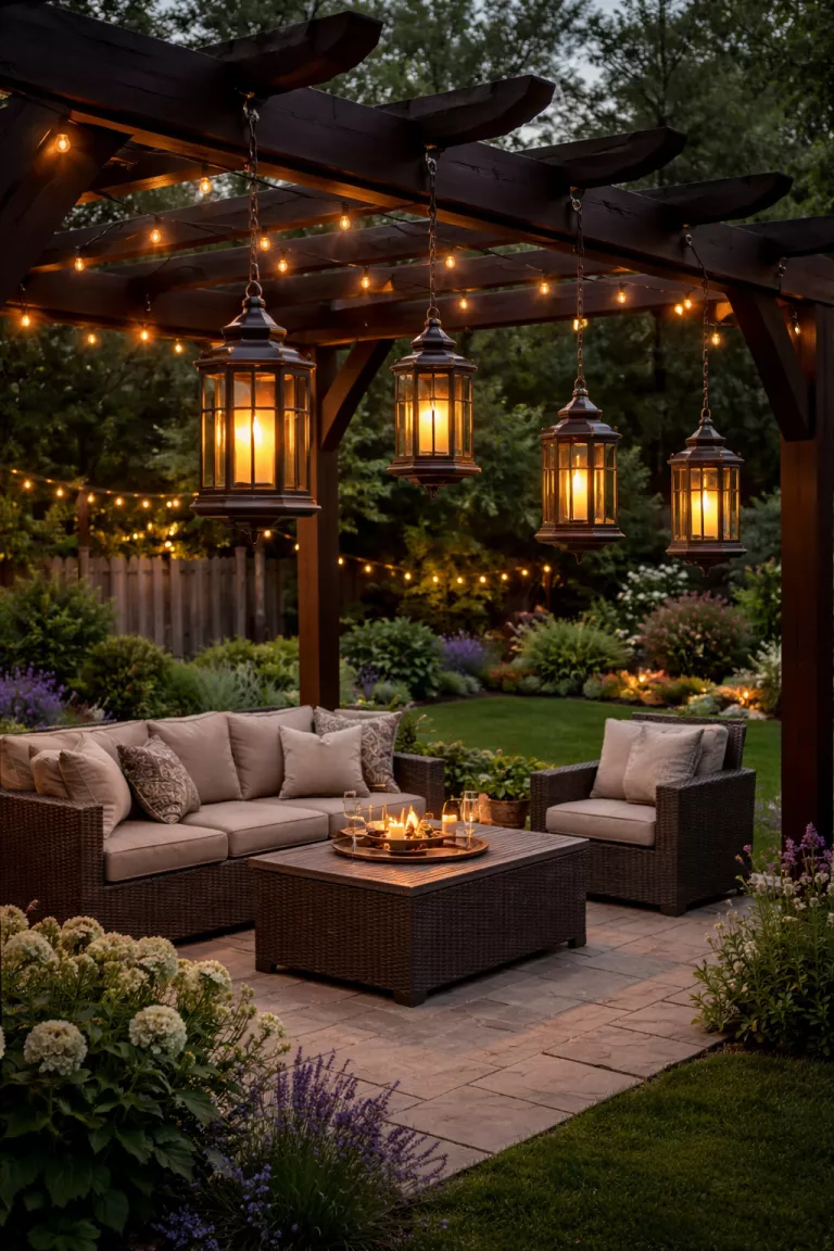 A realistic photo of a typical American home's backyard featuring bronze hanging lanterns with flameless led candles suspended from a dark wood pergola.