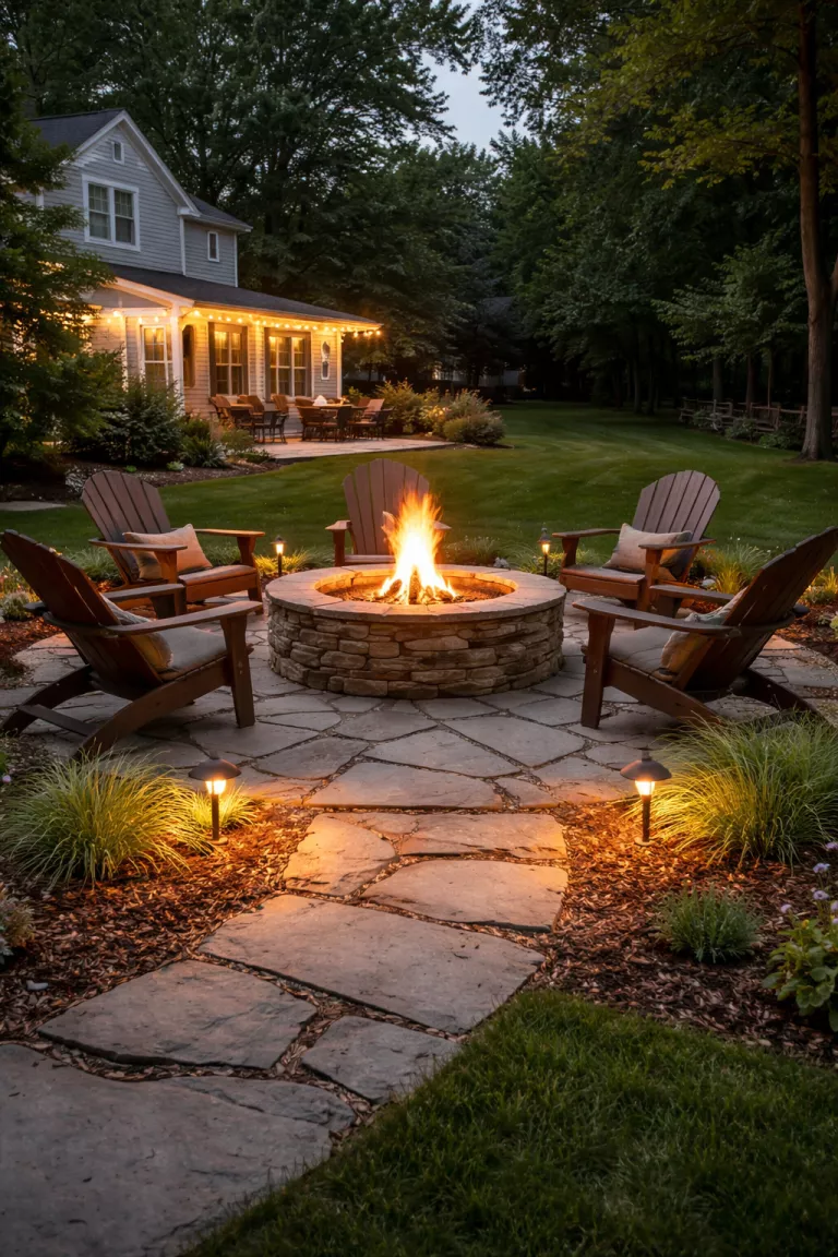 A realistic photo of a typical American home's backyard with a stone fire pit area surrounded by low profile warm path lights and a crackling fire.