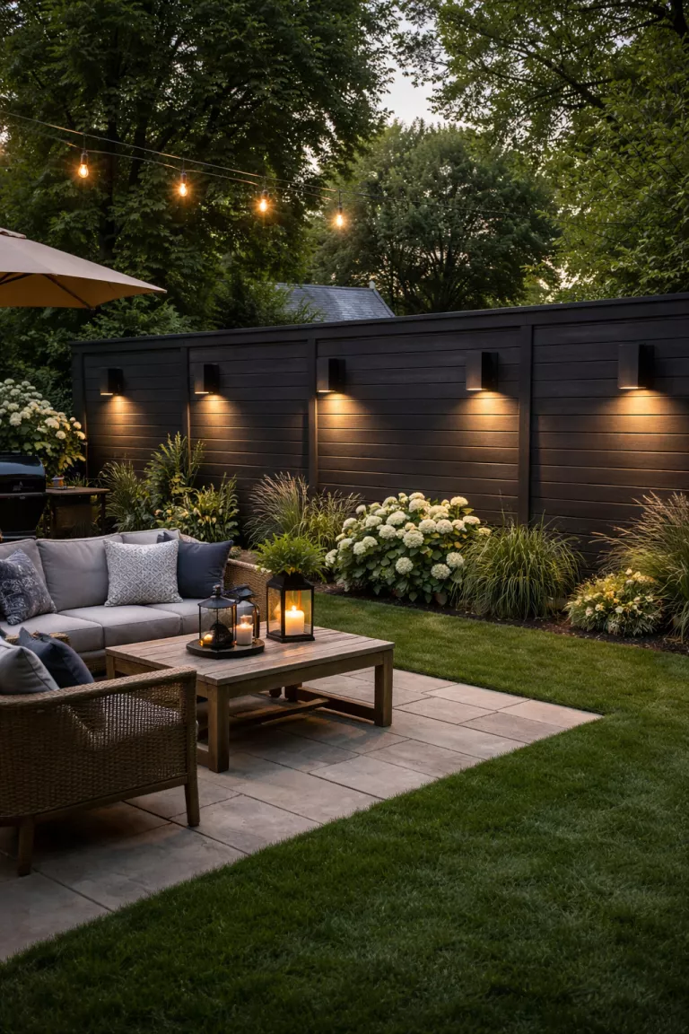 A realistic photo of a typical American home's backyard with modern black metal wall sconces mounted on a dark horizontal wood fence.