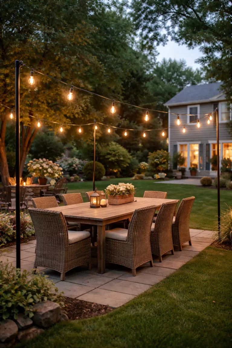 A realistic photo of a typical American home's backyard featuring exposed-filament edison bulb strings hanging from black metal poles over a rustic outdoor dining set.