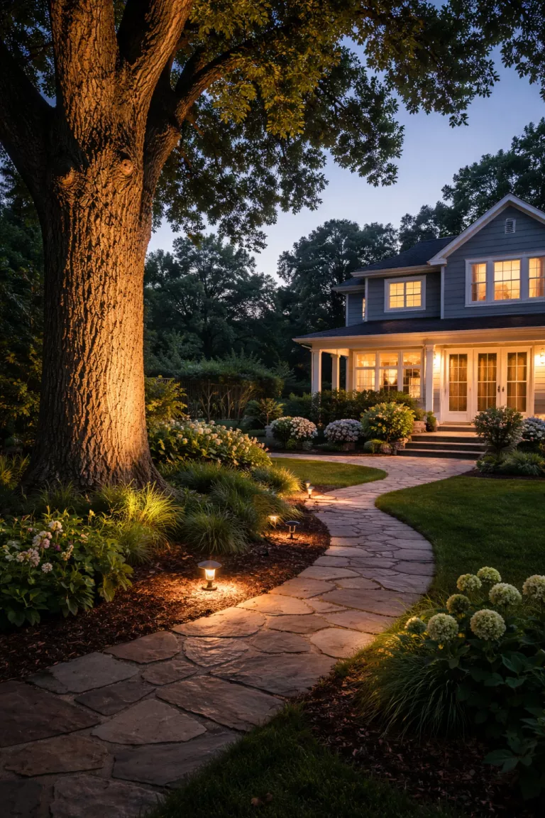 A realistic photo of a traditional American home's backyard at twilight with subtle LED spotlights illuminating the trunk of an oak tree and hidden path lights casting a soft glow on a stone walkway.