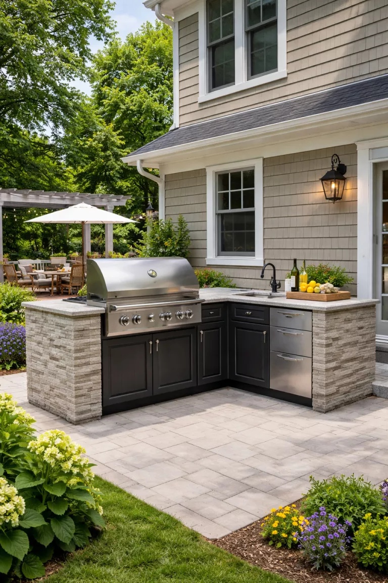 A realistic photo of a traditional American home's backyard featuring a compact outdoor kitchen with a stainless steel grill, a small sink, and black cabinetry built into a light gray stone island.
