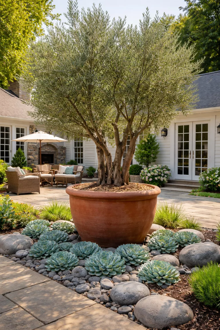 A realistic photo of a traditional American home's backyard showcasing a multi-trunk olive tree in a large terracotta pot, surrounded by low-growing blue succulents and smooth gray stones.