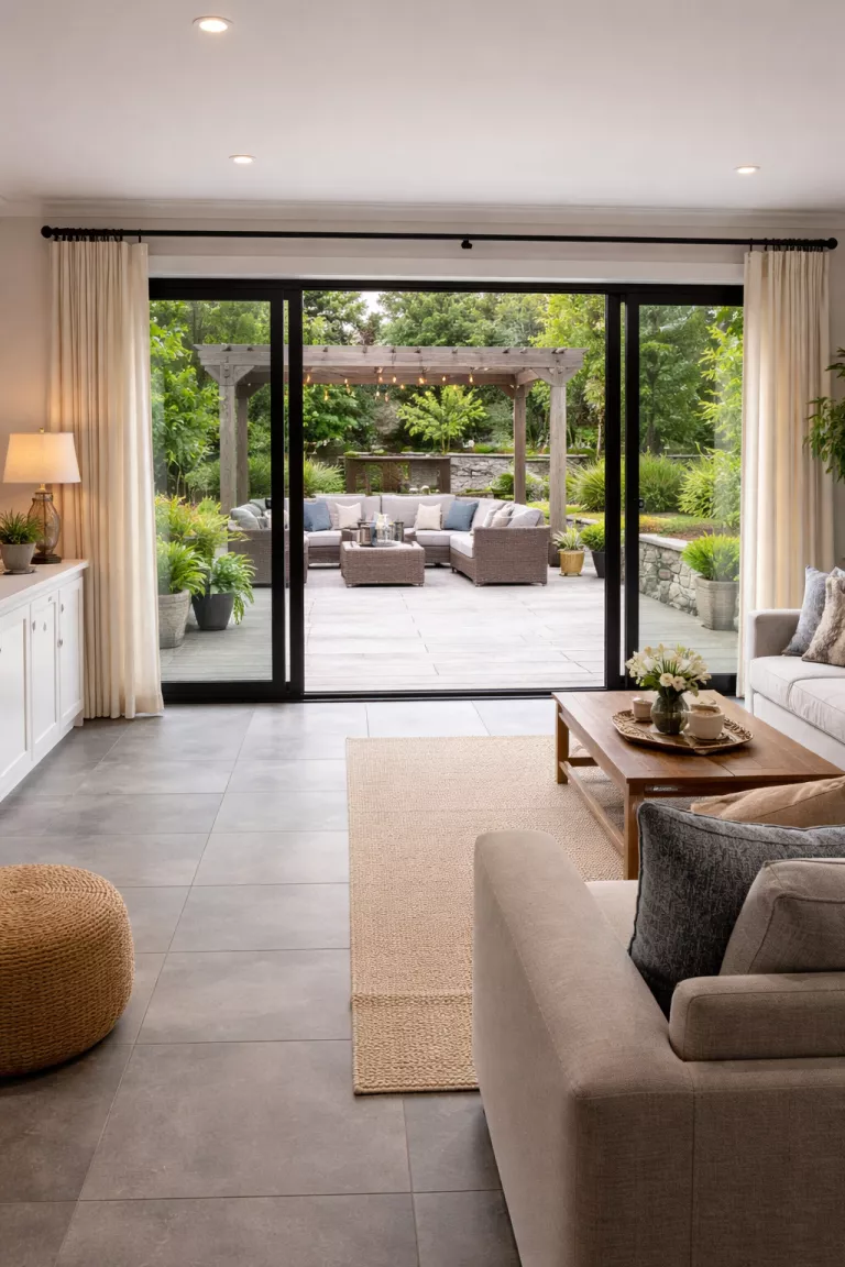 A realistic photo of a traditional American home's interior looking out through wide sliding glass doors to a backyard patio that uses the same large gray floor tiles as the living room.