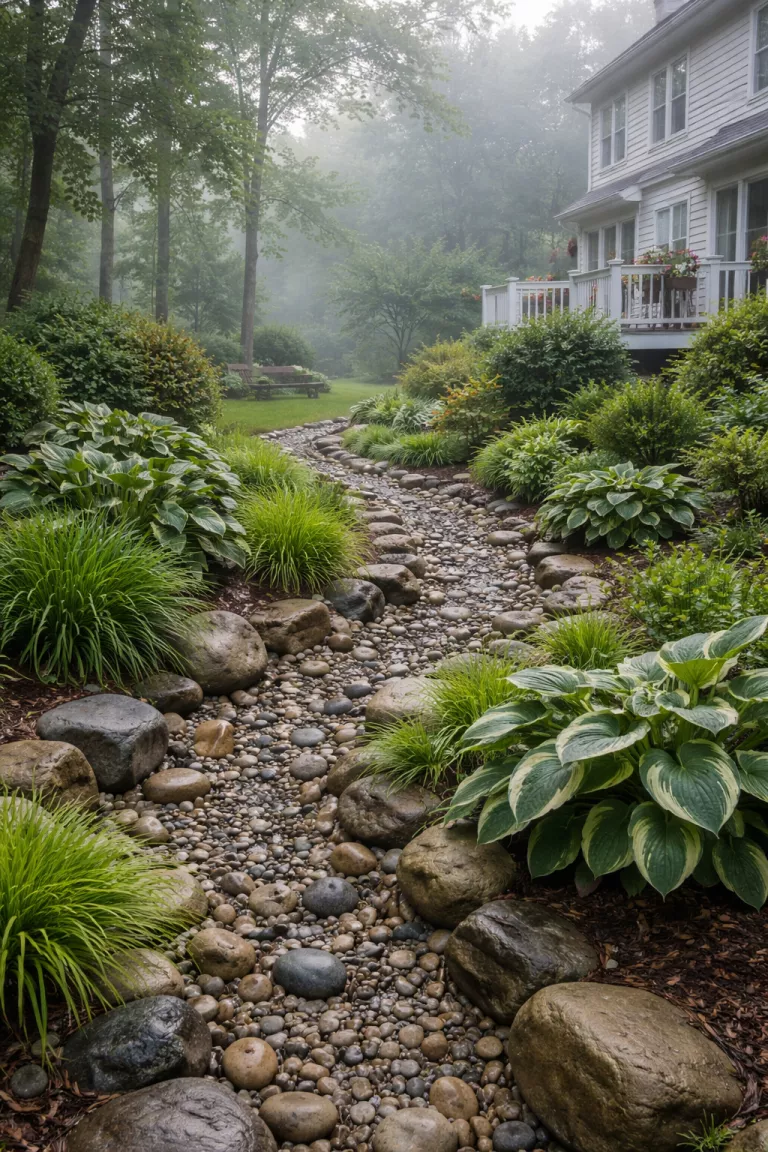 A realistic photo of a traditional American home's backyard depicting a decorative dry creek bed made of smooth river rocks and gravel, winding through a garden area with moisture-loving hostas and sedges during a gentle misty morning.
