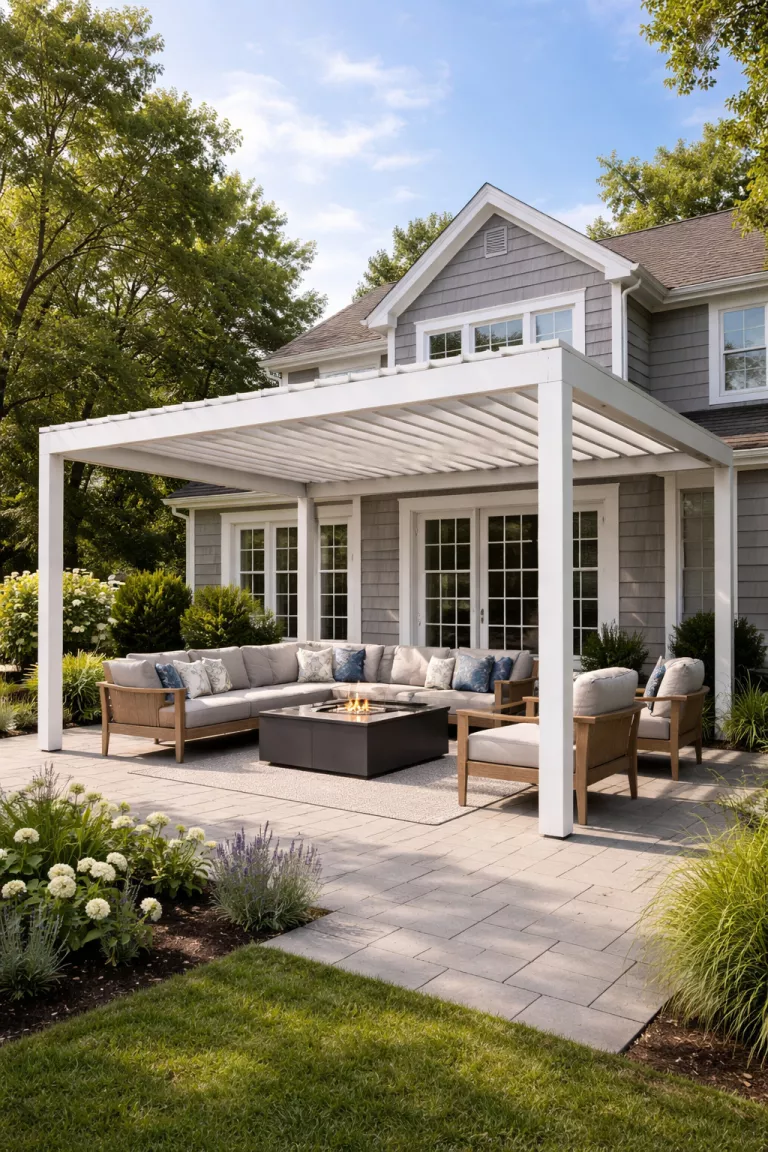 A realistic photo of a traditional American home's backyard showing a modern white aluminum pergola with motorized roof slats that are partially open to let in sunlight over a modern patio set.