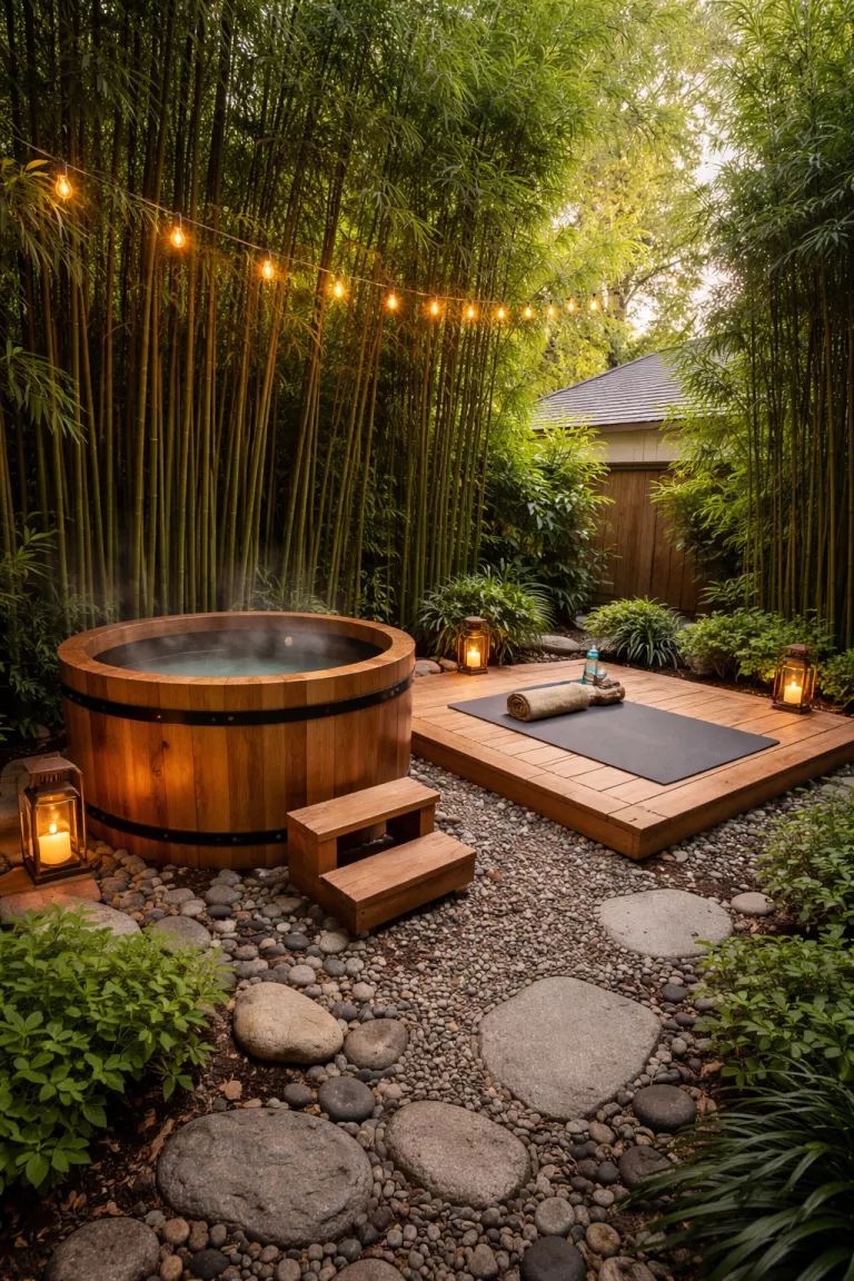 A realistic photo of a traditional American home's backyard featuring a secluded cedar wood soaking tub and a small wooden yoga platform surrounded by tall bamboo stalks for privacy.