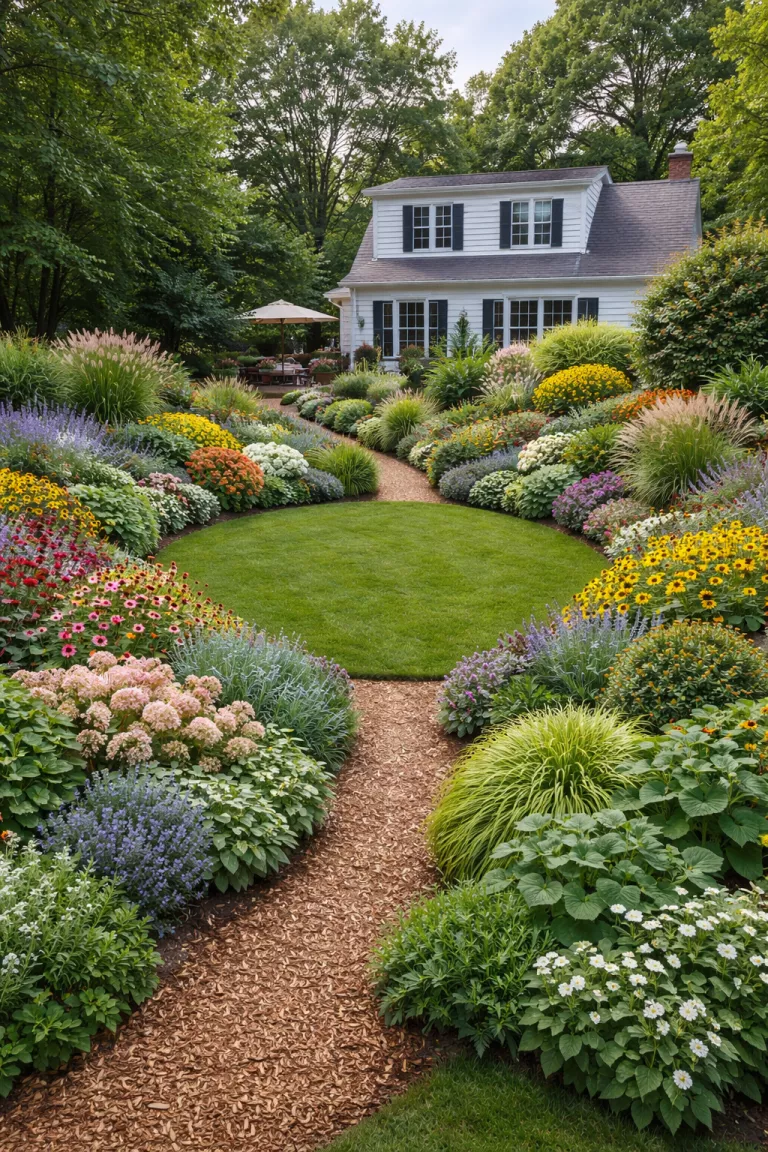 A realistic photo of a traditional American home's backyard showing massive curved garden beds overflowing with layered perennials and shrubs, separated by a narrow wood chip path, leaving only a small circle of green grass in the center.