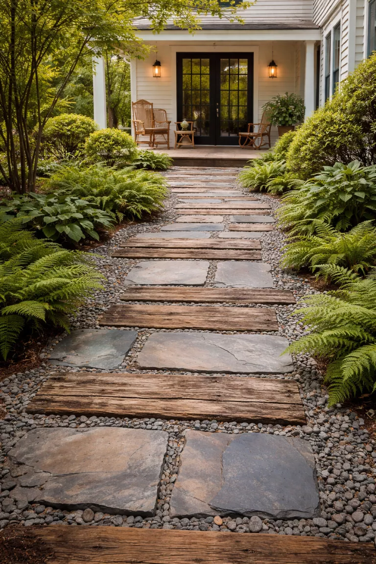 A realistic photo of a traditional American home's backyard pathway made of weathered reclaimed wood planks and natural slate tiles, surrounded by crunchy gray gravel and small green ferns.