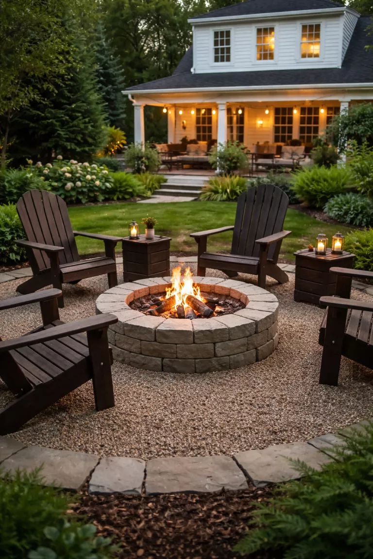 A realistic photo of a traditional American home's backyard showing a minimalist circular stone fire pit with glowing embers, surrounded by four dark wood Adirondack chairs on a gravel base.