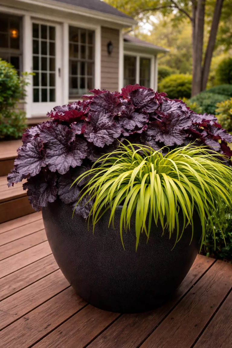 A realistic photo of a traditional American home's backyard highlighting a close-up of dark purple Heuchera leaves and bright lime green Hakonechloa grass planted together in a modern black ceramic pot on a wooden deck.