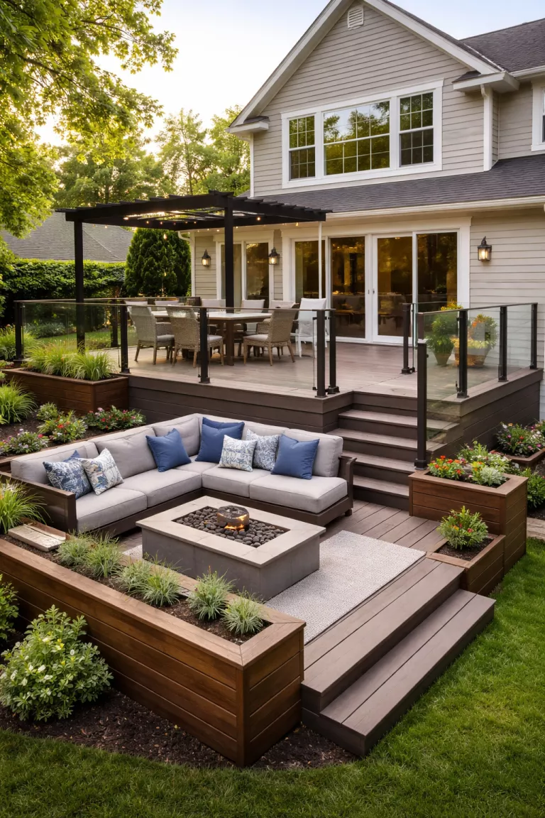 A realistic photo of a traditional American home's backyard showing a two-tiered composite deck with built-in wooden planters and glass railings, where the top level holds a dining table and the lower level features a lounge sofa.
