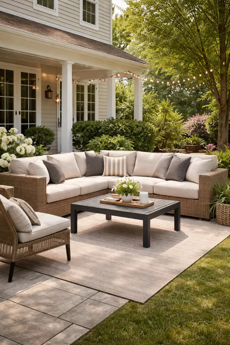 A realistic photo of a traditional American home's backyard lounging area with a modular tan polymer sofa, a dark aluminum coffee table, and a woven wicker accent chair arranged on a neutral outdoor rug.