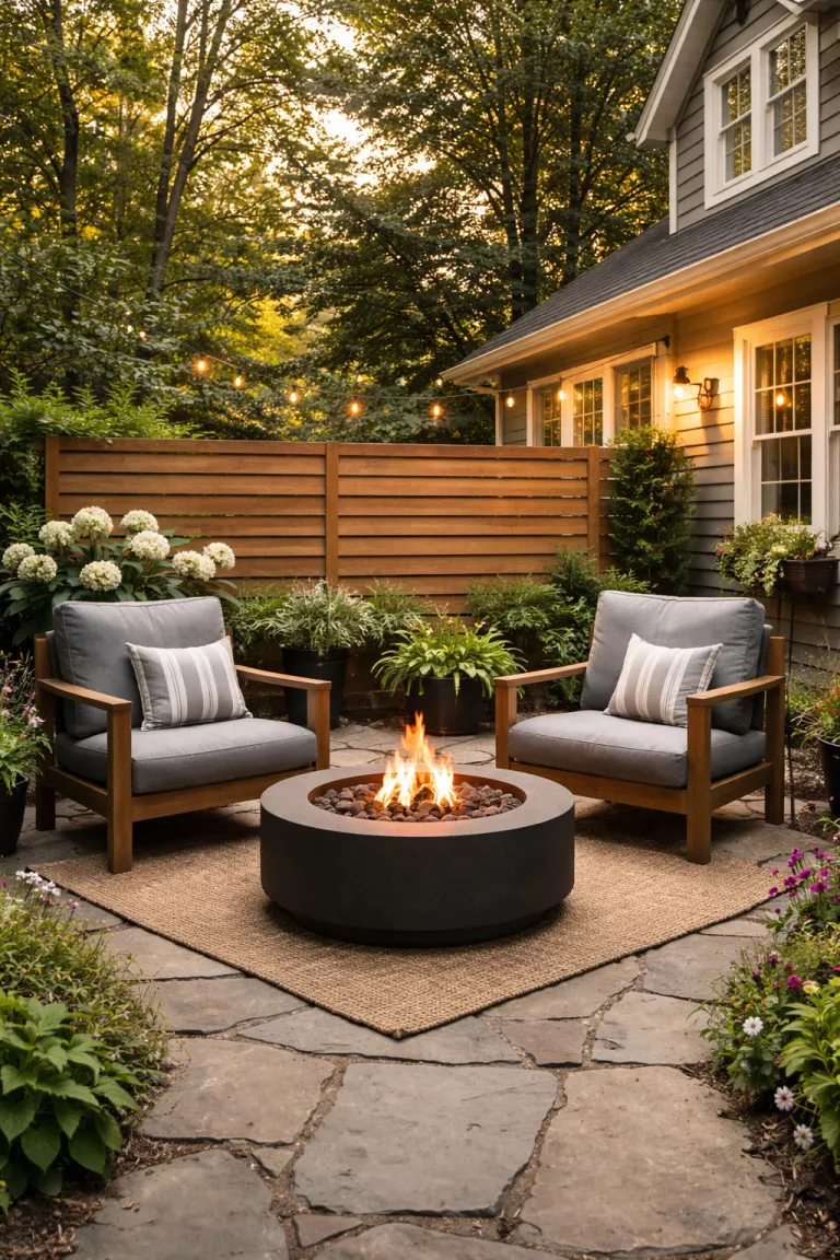 A realistic photo of a traditional American home's backyard featuring an intimate seating area with a low wooden privacy screen, a modern black fire pit, and two comfortable gray armchairs arranged on a flagstone patio.