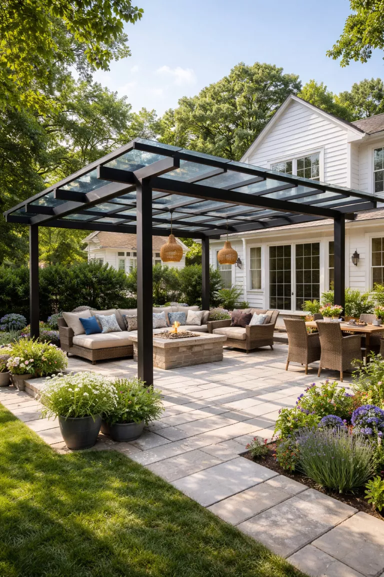 Glass Roof Pergola A realistic photo of a traditional American home's backyard with a modern pergola featuring a transparent tempered glass roof supported by black metal beams, allowing sunlight to illuminate the patio below.