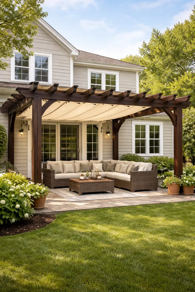 Attached Pergola with Retractable Canopy A realistic photo of a traditional American home's backyard featuring a dark wood pergola attached to the rear of the house, with a light cream retractable fabric canopy partially extended over a comfortable outdoor sofa set.