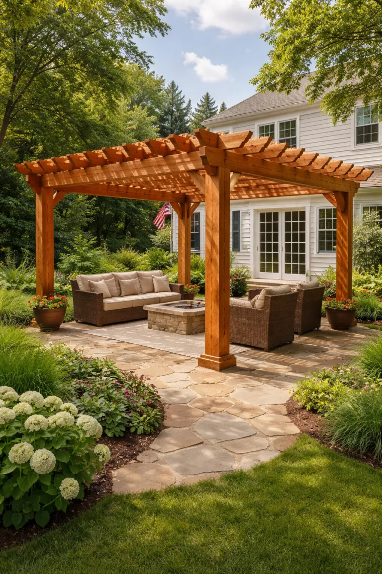 Rustic Wooden Pergola A realistic photo of a traditional American home's backyard showing a classic cedar wood pergola with thick posts and a lattice roof, surrounded by a lush green garden and a flagstone patio.