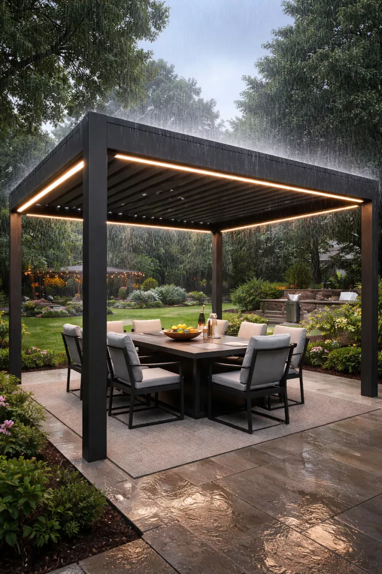 Bioclimatic Motorized Louver Pergola A realistic photo of a traditional American home's backyard featuring a high tech charcoal aluminum pergola with motorized louvers that are automatically closing as rain hits the surface, with a sleek modern table underneath.