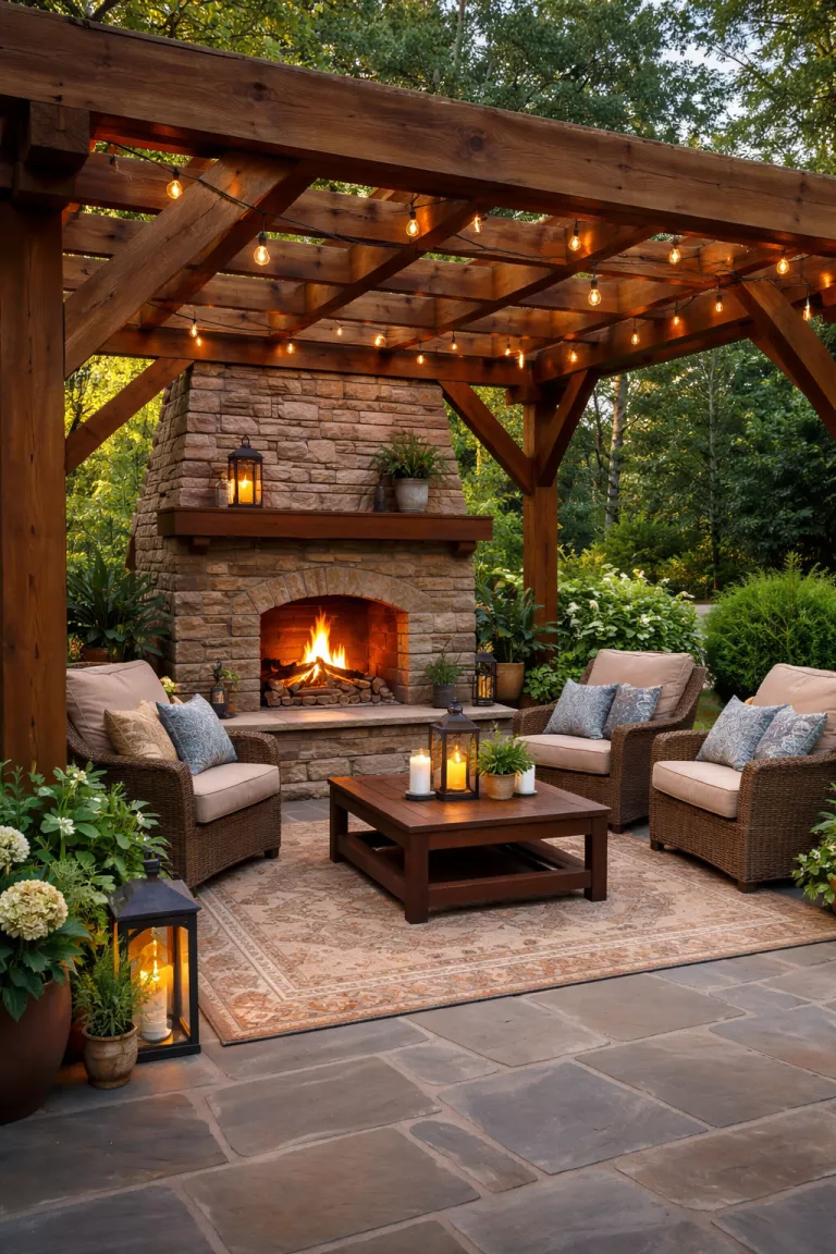 Outdoor Fireplace Pergola A realistic photo of a traditional American home's backyard showing a large stone fireplace integrated into the back wall of a heavy timber pergola, with plush armchairs and a warm rug on the patio.