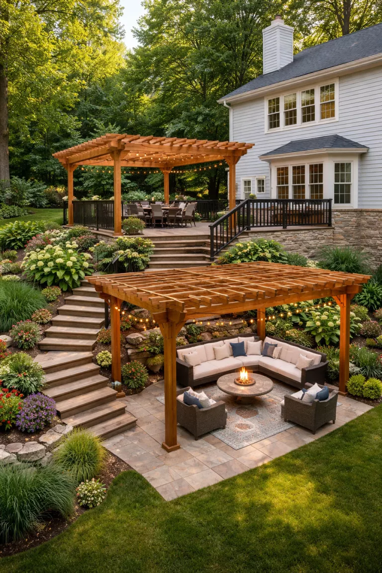 Multi Level Terraced Pergola A realistic photo of a traditional American home's backyard on a sloped lot, showing two connected pergolas at different heights with wooden stairs linking a dining level to a lower lounging level.
