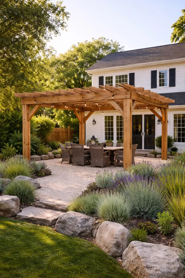 Sustainable Cedar Pergola A realistic photo of a traditional American home's backyard featuring a pergola made from light toned reclaimed cedar wood, standing over a gravel patio with native drought resistant plants nearby.