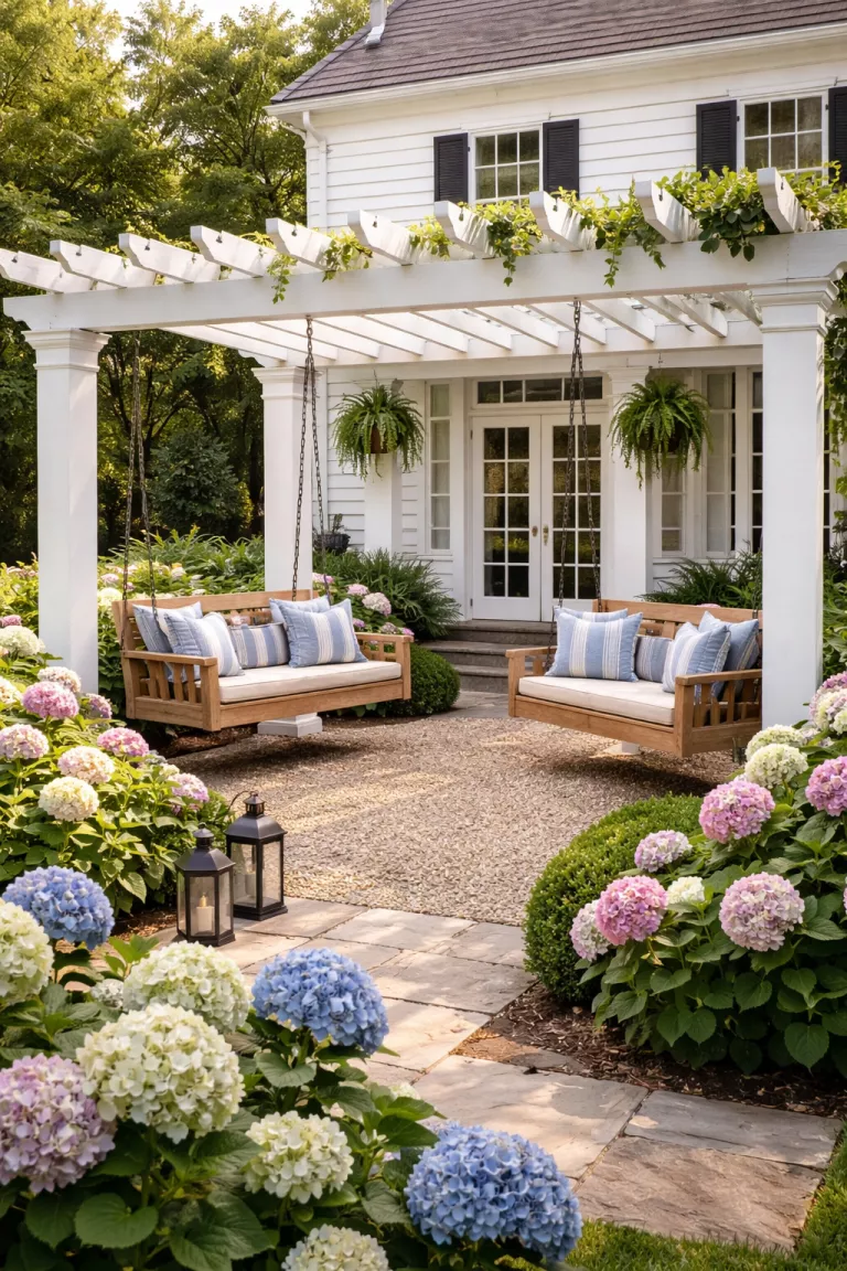 Hanging Swing Pergola A realistic photo of a traditional American home's backyard featuring a white pergola with two large wooden bench swings suspended by thick iron chains, surrounded by flowering hydrangeas.