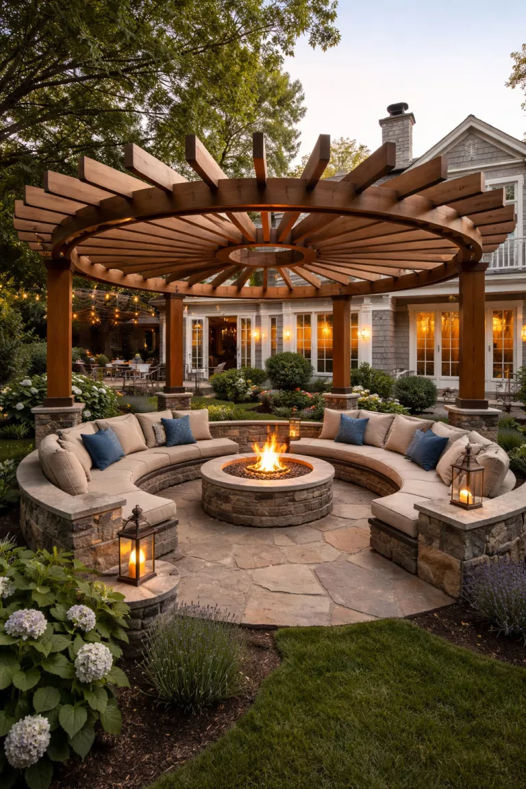 Contemporary Circular Pergola A realistic photo of a traditional American home's backyard featuring a unique circular wooden pergola with radial overhead beams centered around a round gas fire pit and curved outdoor seating.