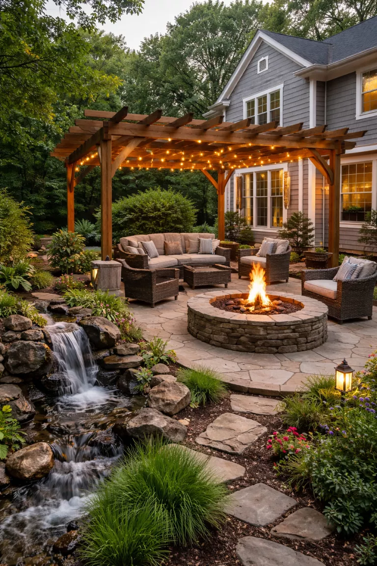 Fire and Water Feature Pergola A realistic photo of a traditional American home's backyard featuring a large pergola built over a modern stone fire pit and a small trickling stone waterfall feature, with cozy seating arranged around the flames.