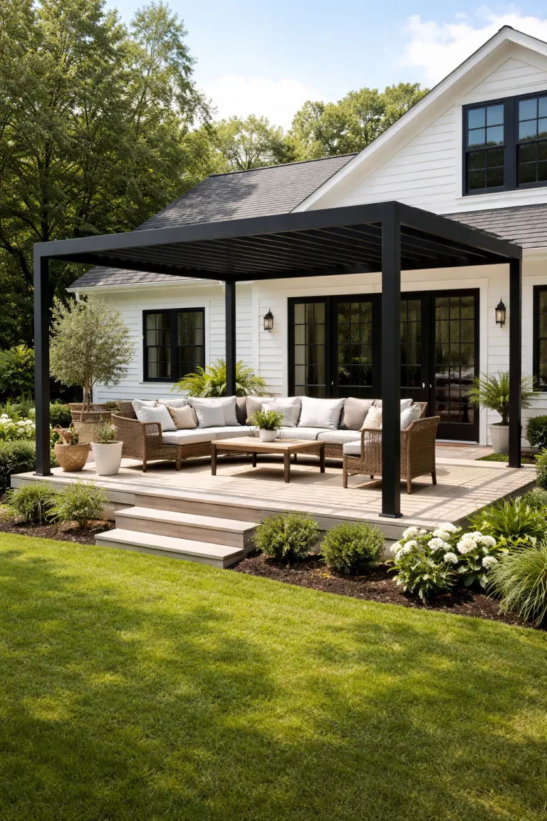 Matte Black Aluminum Pergola A realistic photo of a traditional American home's backyard showing a matte black aluminum pergola with a minimalist profile, standing in stark contrast against a light wood deck and green lawn.