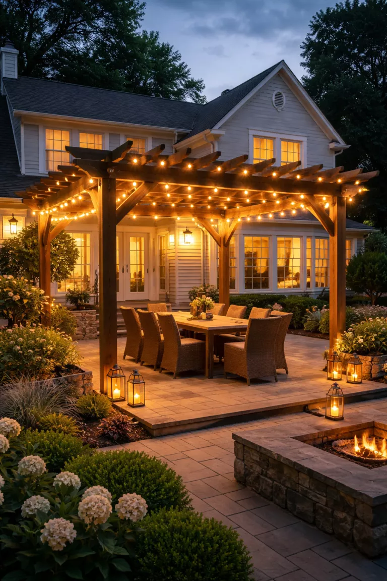 Illuminated Lighting Pergola A realistic photo of a traditional American home's backyard at twilight, featuring a pergola draped in warm white string lights and recessed LED puck lights in the crossbeams, glowing over a dining set.