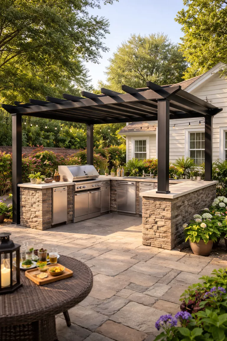 Integrated Outdoor Kitchen Pergola A realistic photo of a traditional American home's backyard with a sturdy steel pergola sheltering a full outdoor kitchen, including a stainless steel grill, stone countertops, and a small sink under the shaded slatted roof.