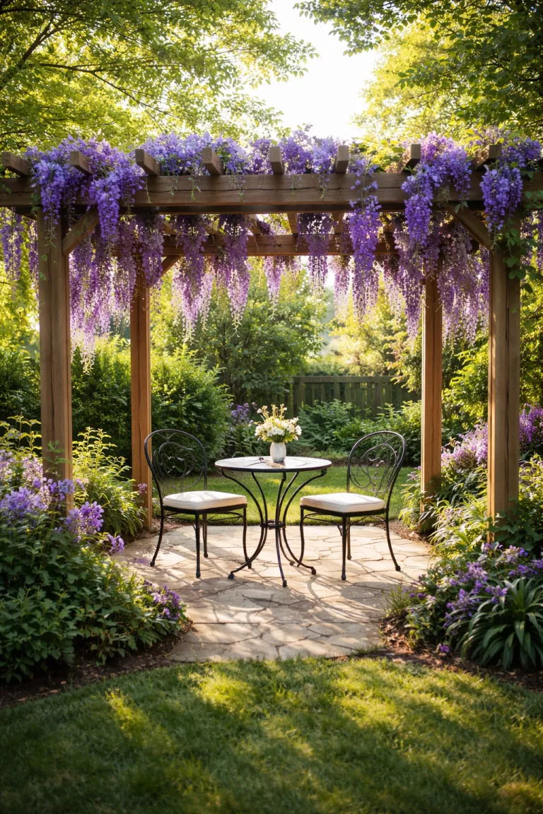 Clinging Vines Pergola A realistic photo of a traditional American home's backyard showing an open slat wooden pergola with purple wisteria flowers hanging down through the beams over a small bistro table and chairs.