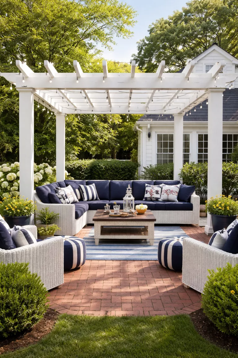 Crisp White Painted Pergola A realistic photo of a traditional American home's backyard showing a bright white painted wood pergola on a brick patio, decorated with bold navy blue cushions and nautical accents.