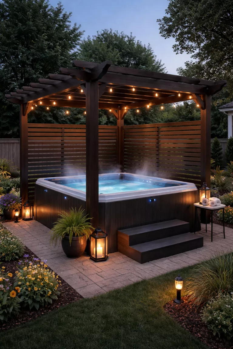 Hot Tub Cover Pergola A realistic photo of a traditional American home's backyard showing a dark stained pergola built directly over a square steaming hot tub, with privacy slats on two sides and soft blue mood lighting.