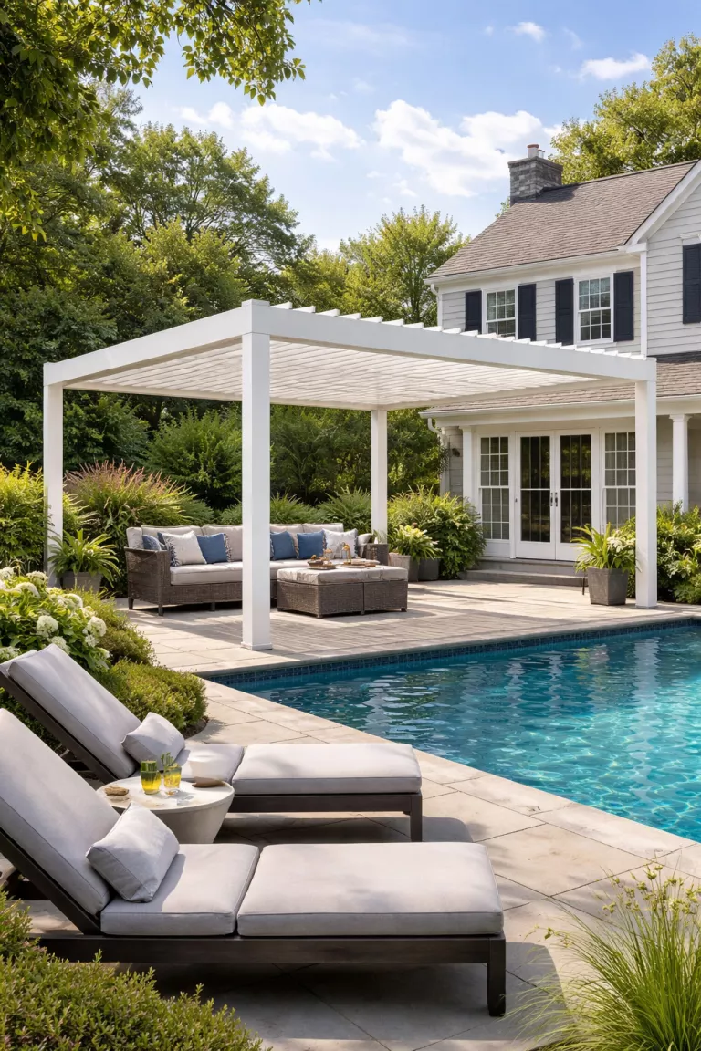 Freestanding Louvered Roof Pergola A realistic photo of a traditional American home's backyard showcasing a freestanding white aluminum pergola with adjustable roof slats partially open to let in sunlight, situated next to a shimmering blue swimming pool with modern lounge chairs.