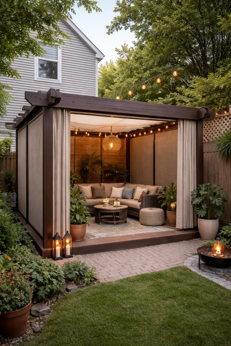 Adjustable Canopy Outdoor Room Pergola A realistic photo of a traditional American home's backyard showing a compact pergola in a small urban yard, with sliding side shades and a retractable top canopy creating a fully enclosed cozy room.