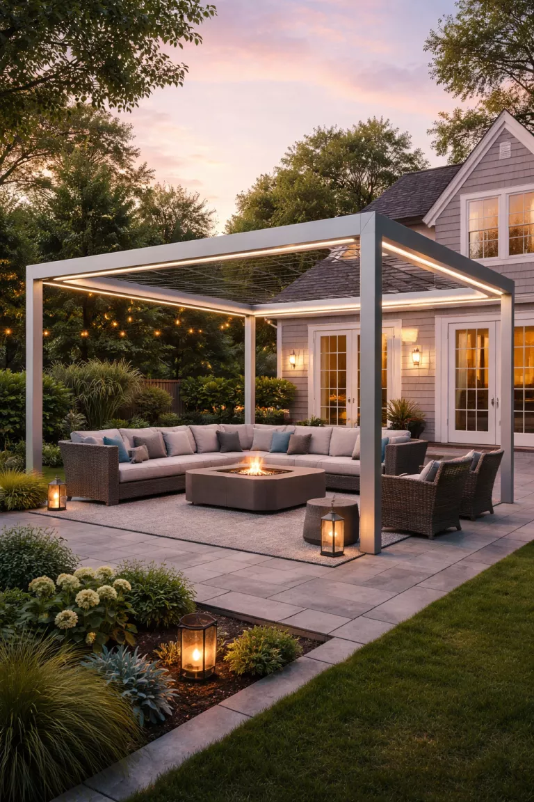 Modern Minimalist Pergola A realistic photo of a traditional American home's backyard featuring a sleek silver aluminum pergola with clean geometric lines, integrated LED strip lighting along the inner frame, thin metal pillars, and a minimalist gray stone patio floor beneath it during a soft sunset.