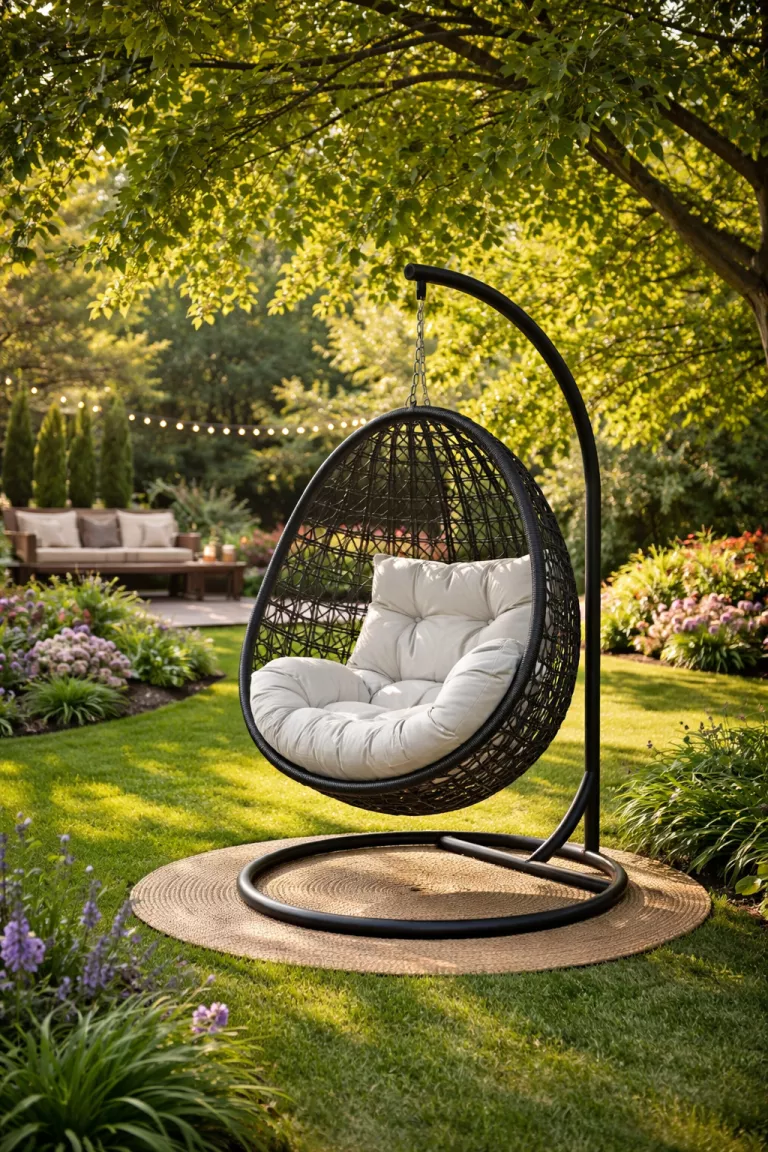A realistic photo of a typical American home's backyard featuring a black metal frame hanging egg chair with a thick white cushion nestled under a leafy green tree canopy.