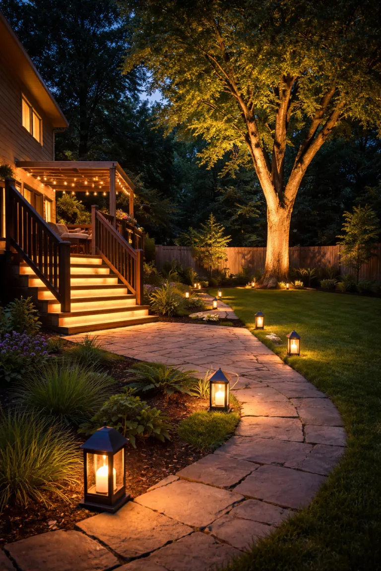 A realistic photo of a typical American home's backyard at dusk with warm yellow led strip lights under deck stairs, solar-powered black lanterns lining a path, and a smart-controlled floodlight illuminating a large tree.